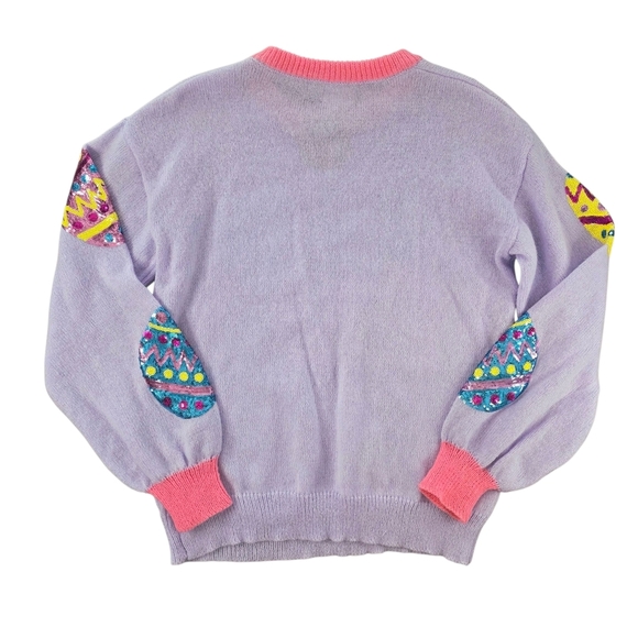 BiBi “Pop of Easter Eggs” Knit Sweater Size Small Pastel Lavender w/ Sequin Eggs - Picture 3 of 6